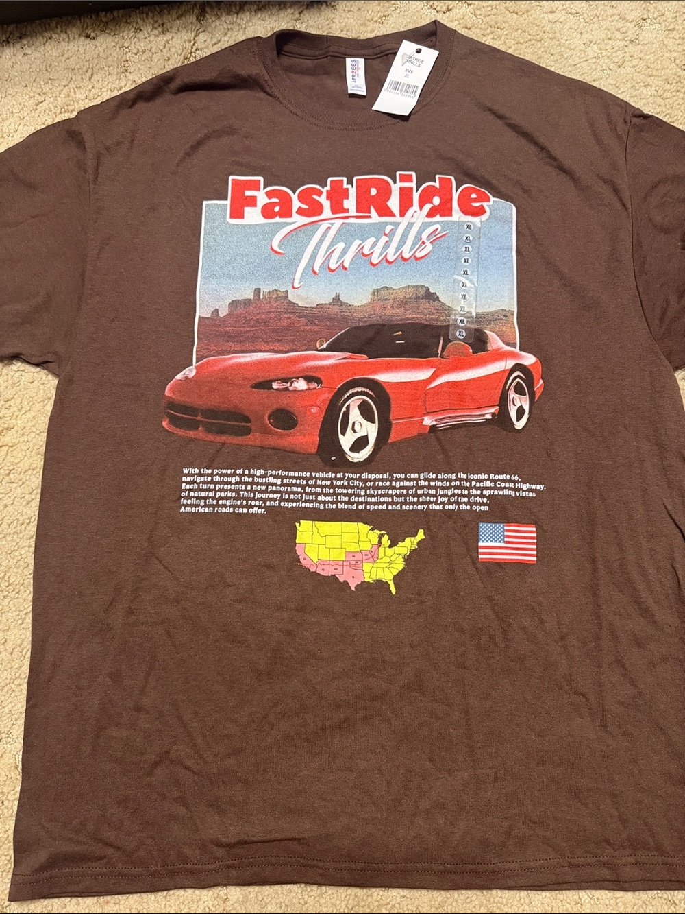 Jerzees Brown Tee with Red Sports Car Graphic